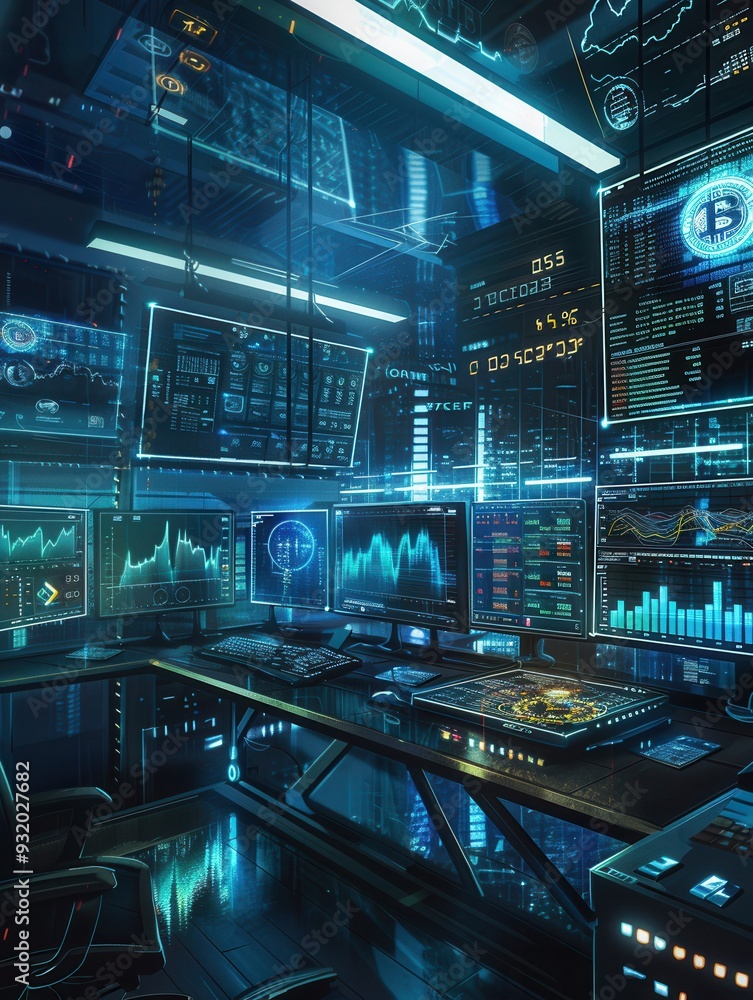 Poster the interface showcases market data for multiple cryptocurrencies with graphs and values displayed o