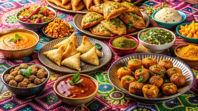 Colorful assortment of traditional Indian snack foods including crispy samosas, savory chaat items, and sweet desserts, arranged on a vibrant tablecloth.