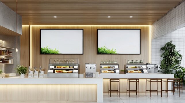 Blank mock up for menu board display screen, for restaurant cafe food business. Warm cozy atmosphere