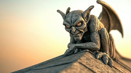 Gothic gargoyle, shadowy rooftop, 3D illustration