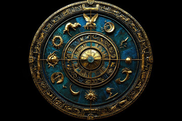 Obraz premium A Mystical Zodiac Wheel: Explore the Celestial Symbols Behind Each Zodiac Sign Illuminated in Stunning Detail and Gold
