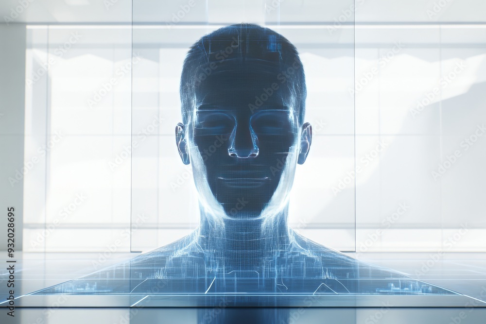 Poster a translucent digital human head in profile with a brain inside representing digital identity artifi