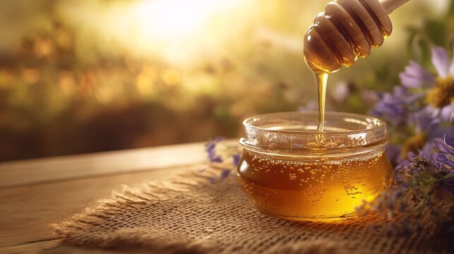 A macro shot of a honey dipper dripping honey into a clear glass jar, with golden honey creating a swirling pattern inside the jar. The honey s viscosity is captured beautifully as it flows smoothly