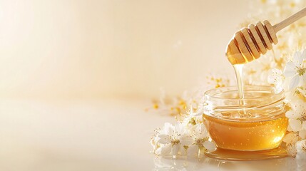 An elegant arrangement featuring a glass jar of honey with a wooden dipper resting on top. The honey is shown in mid-pour from the dipper, creating a glistening stream that reflects the light