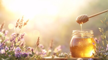 An elegant arrangement featuring a glass jar of honey with a wooden dipper resting on top. The honey is shown in mid-pour from the dipper, creating a glistening stream that reflects the light