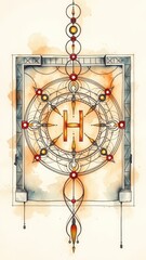 Abstract Letter H with Geometric Design and Watercolor