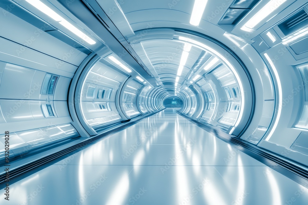 Poster a futuristic sleek corridor with bright lighting representing advanced technology progress and the e