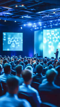 Business conference with audience and presentation on stage