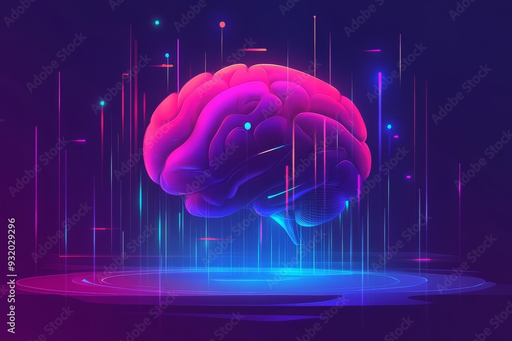 Poster a vibrant glowing red brain floating in a futuristic digital space symbolizing advanced technology t