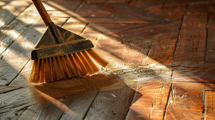 Detailed view of a broom sweeping dust into a neat pile on a wooden floor