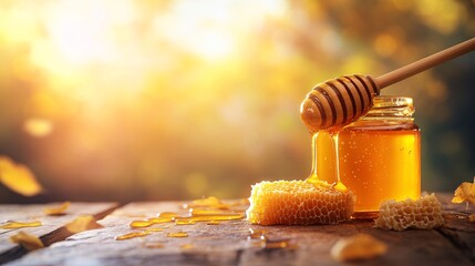 A detailed shot of a wooden honey dipper resting on the edge of a jar filled with honey, with a small piece of honeycomb placed nearby. The honey is shown in mid-drip, creating a luscious, golden