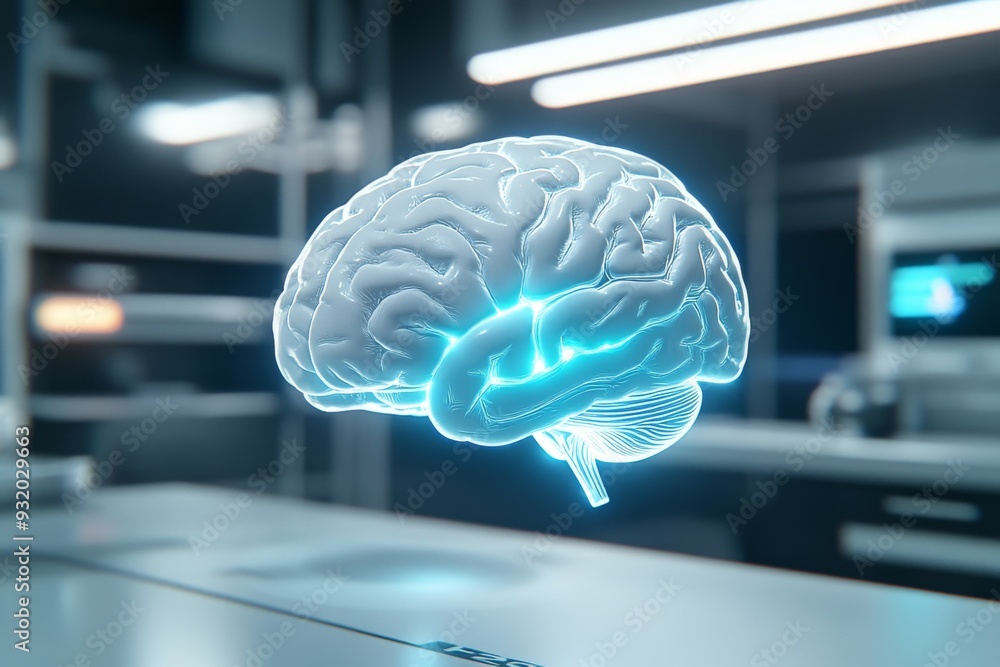 Poster A glowing brain hologram floating in a high tech medical lab symbolizing the advancements in medical technology neuroscience and the study of human cognition in a modern clinical setting