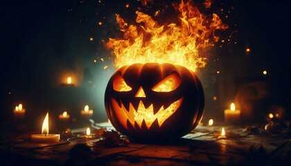 Hyper-realistic photograph of a burning pumpkin with flames engulfing its carved face, set against a dark, eerie background
