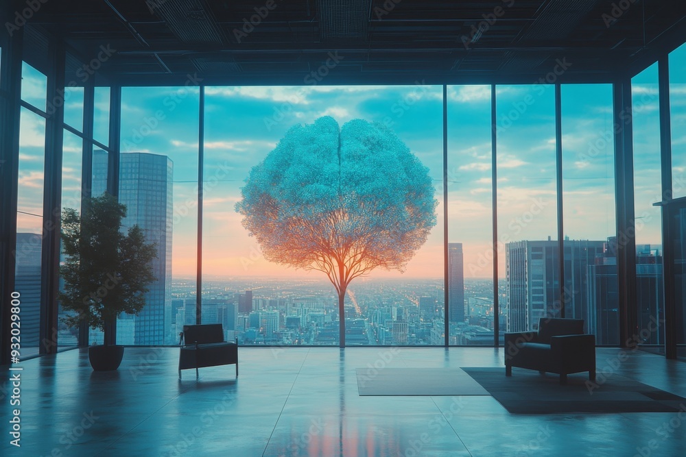 Poster a modern room with a tree like brain hologram symbolizing the connection between nature and technolo