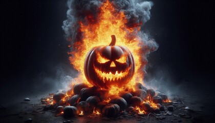 Naklejka premium Hyper-realistic photograph of a burning pumpkin with flames engulfing its carved face, set against a dark, eerie background