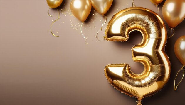 Banner with number 3 golden balloons with copy space