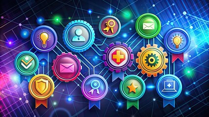 Obraz premium Colorful digital badges and icons arranged in a modern banner design, symbolizing innovation, technology, and progress in a futuristic digital landscape.