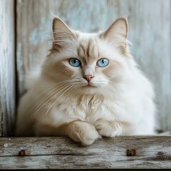 Charming close-up of a fluffy white cat with mesmerizing blue eyes, sitting on a rustic wooden window frame, exuding serenity