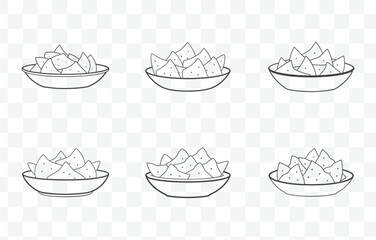 Print Nachos Line Art Vector Set with Crispy Chips and Cheese Illustrations