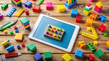 Colorful digital tablets and educational toys scattered on a wooden table, promoting fun and engaging ways for kids to learn and develop new skills.