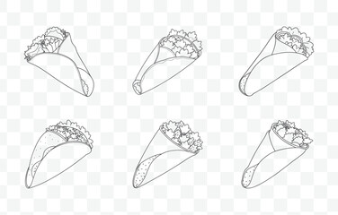 Print Burrito Line Art Vector Set with Various Burrito Illustrations and Designs for Creative Projects