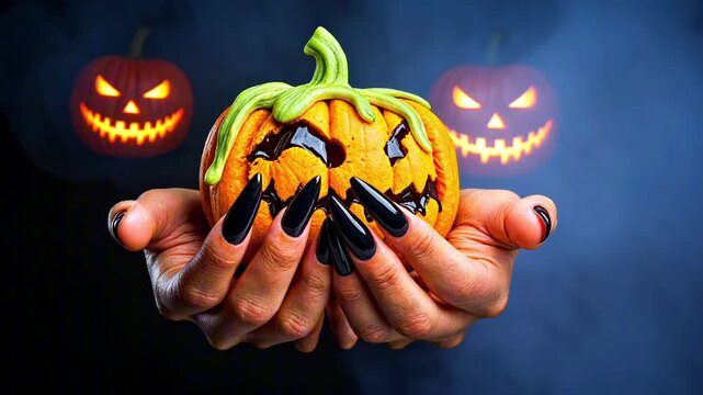 Spooky Halloween Pumpkin Cookie Held by Hands with Black Nails against Dark Background