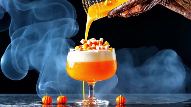 Halloween Candy Corn Cocktail onBlack Background. Spooky Hand Pouring Orange Drink