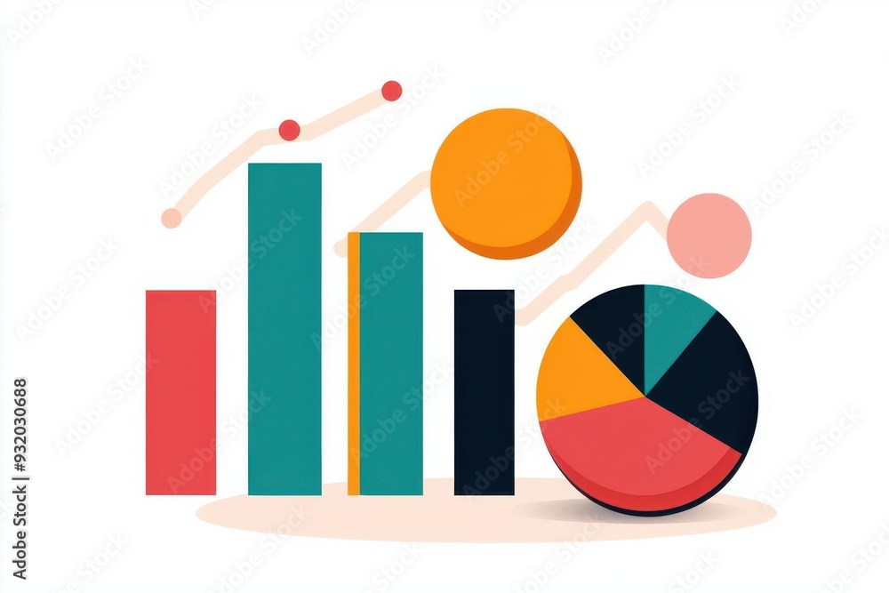 Poster bar graphs and pie charts representing data analysis, flat design illustration