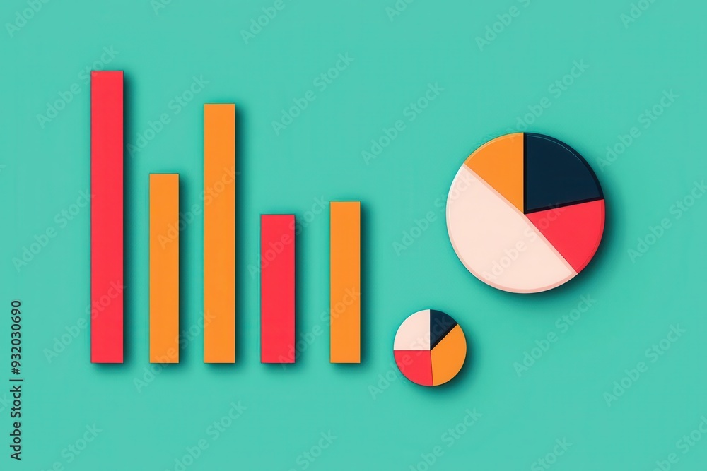 Poster bar graphs and pie charts representing data analysis, flat design illustration