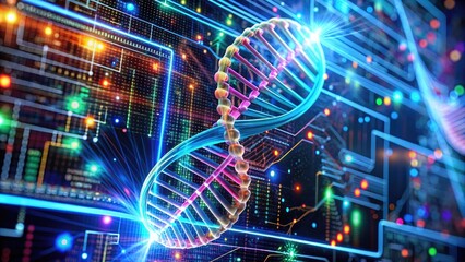 Obraz premium Colorful double helix DNA molecule spinning on a futuristic computer screen with coding lines and digital circuitry in the background.