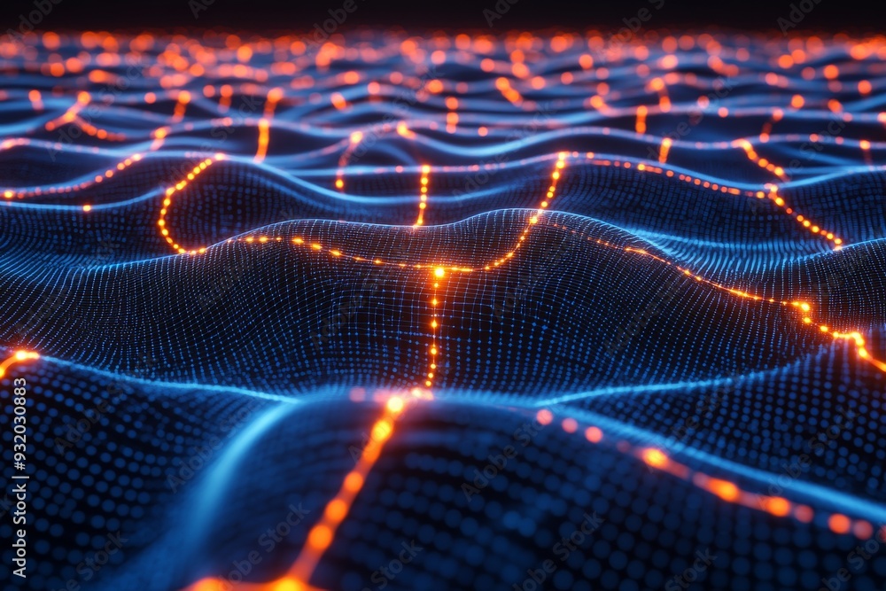 Poster a dynamic digital grid with flowing data in vibrant blue and orange hues symbolizing the energy of i