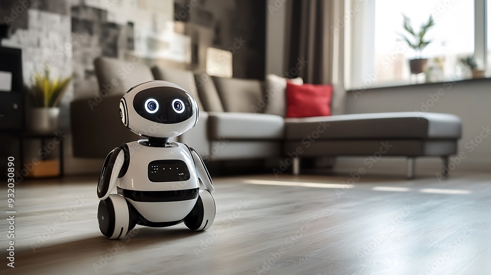 Poster a high-tech personal assistant robot engaging with its user in a modern home.