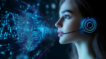 Beautiful woman in a call center with a headset, futuristic digital background, side view Digital technology and data visualization concept