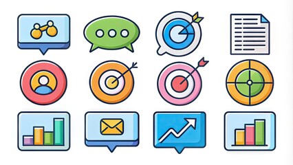 Colorfulfilled icons for marketing strategies, including targets, charts, and speech bubbles, ideal for business presentations, infographics, and digital advertisements.