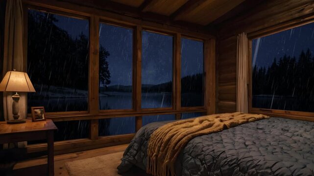 looping video  night interior of a hotel room big windows with rainy outside