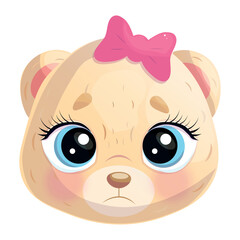 Sad face of a cartoon bear with a cute pink bow. Isolated vector illustration on white background