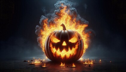 Naklejka premium Hyper-realistic photograph of a burning pumpkin with flames engulfing its carved face, set against a dark, eerie background