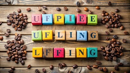 Colorful hand-painted wooden blocks spell out uplifting phrase on rustic wooden background, surrounded by scattered inspirational post-it notes and a few scattered coffee beans.