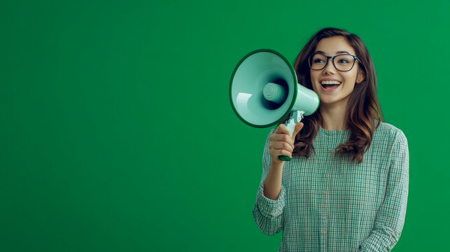 Young woman energetically announces with megaphone in front of green screen background - Powered by Adobe