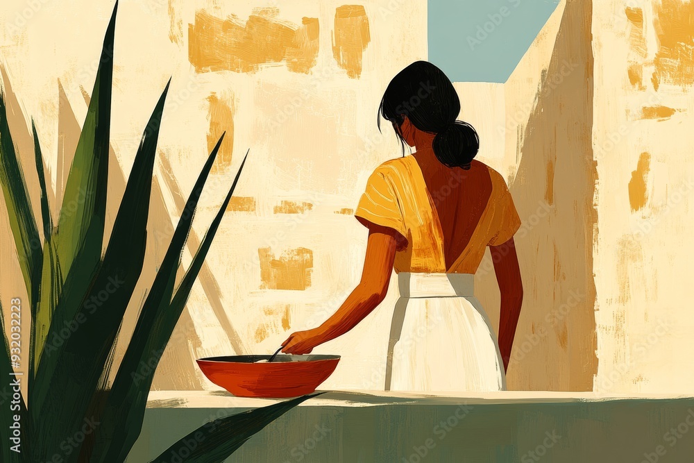 Poster an illustration of a woman in a serene minimalist space representing the simplicity calm and introsp