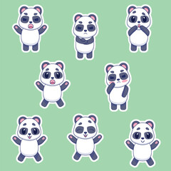 A funny set of panda stickers with different emotions in kawaii style. Panda character vector illustration