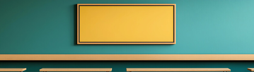A vibrant wall featuring a blank yellow frame against a teal background, perfect for showcasing art or designs.