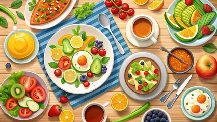 Colorful illustration of a daily meal routine featuring breakfast, lunch, and dinner plates with utensils, surrounded by fruits, vegetables, and a refreshing beverage.