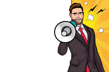 Business man with loudspeaker megaphone announcing discount or sale Special offer shopping time