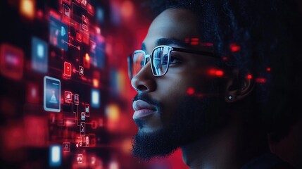 a digital screen, with business-related app icons floating around him, representing the use of apps in managing business tasks.