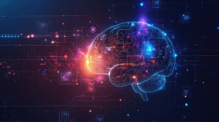 Obraz premium Abstract AI brain design with luminous lines and tech symbols