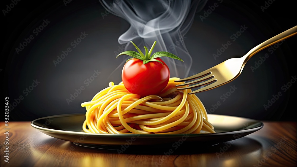 Wall mural colorful illustration of a steaming hot plate of spaghetti with a stylized golden fork and cherry to