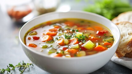 A detailed shot of a bowl of vegetable soup with a variety of colorful veggies like carrots, celery, and bell peppers. The soup is garnished with fresh herbs and served with a slice of whole-grain