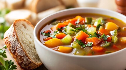 A detailed shot of a bowl of vegetable soup with a variety of colorful veggies like carrots, celery, and bell peppers. The soup is garnished with fresh herbs and served with a slice of whole-grain