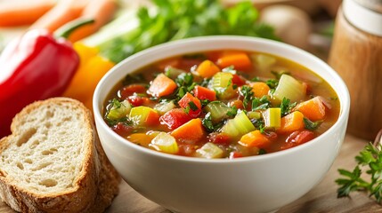 A detailed shot of a bowl of vegetable soup with a variety of colorful veggies like carrots, celery, and bell peppers. The soup is garnished with fresh herbs and served with a slice of whole-grain